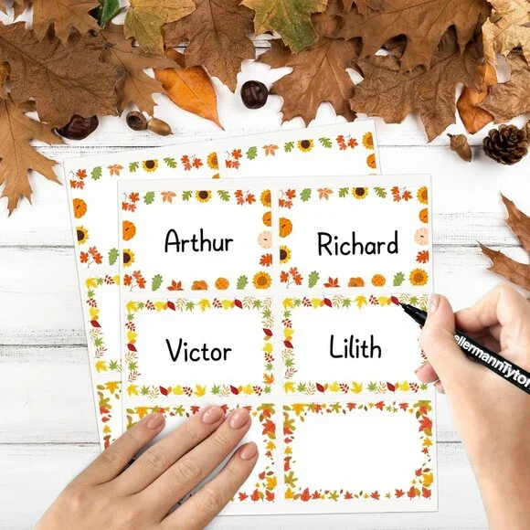 210 Pcs Fall Name Tag Stickers -3''x 2'' Self Adhesive Pumpkin Maple Leaves Name - Picture 2 of 7